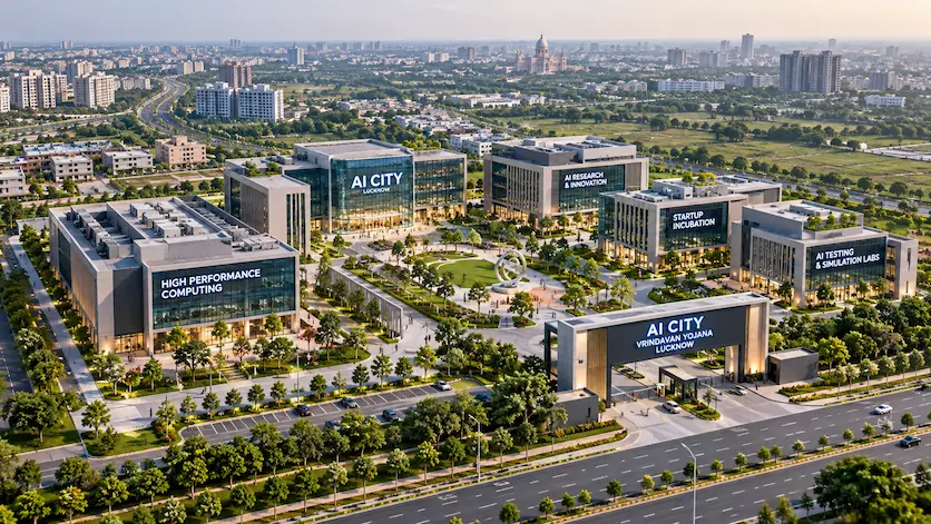 Aerial view of the proposed AI City site in Vrindavan Yojana Lucknow for high-performance computing and artificial intelligence startups.