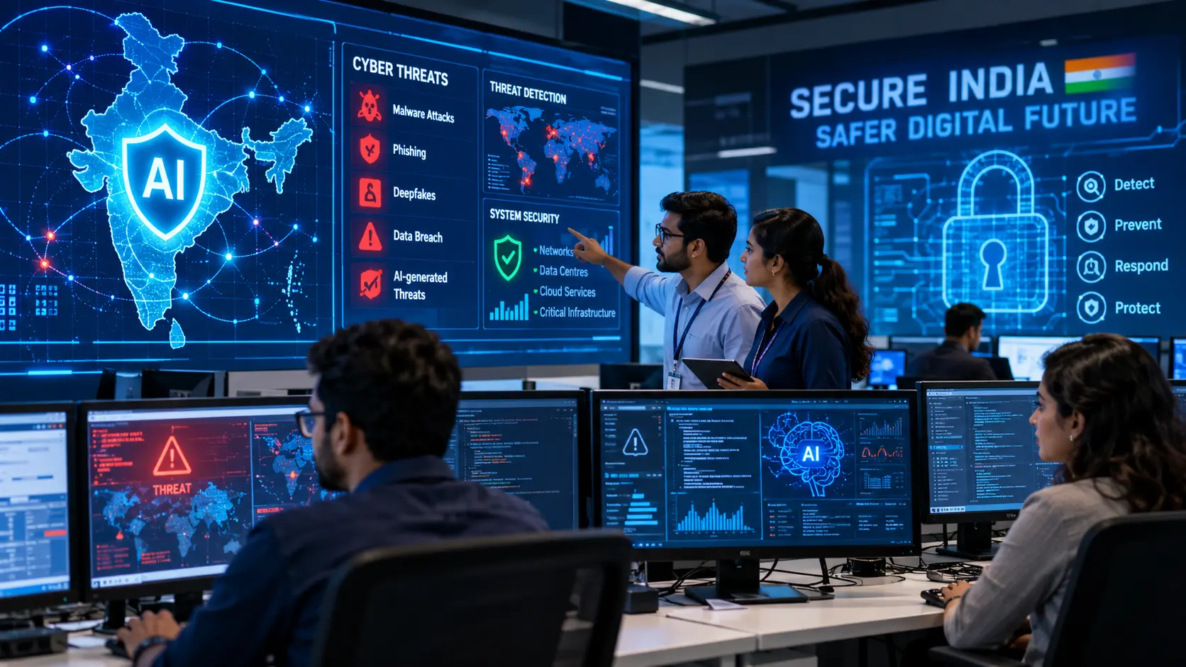 India’s AI defence layer: cybersecurity experts monitor AI-powered threat detection systems to protect India’s digital infrastructure from cyberattacks, malware, phishing and deepfakes.