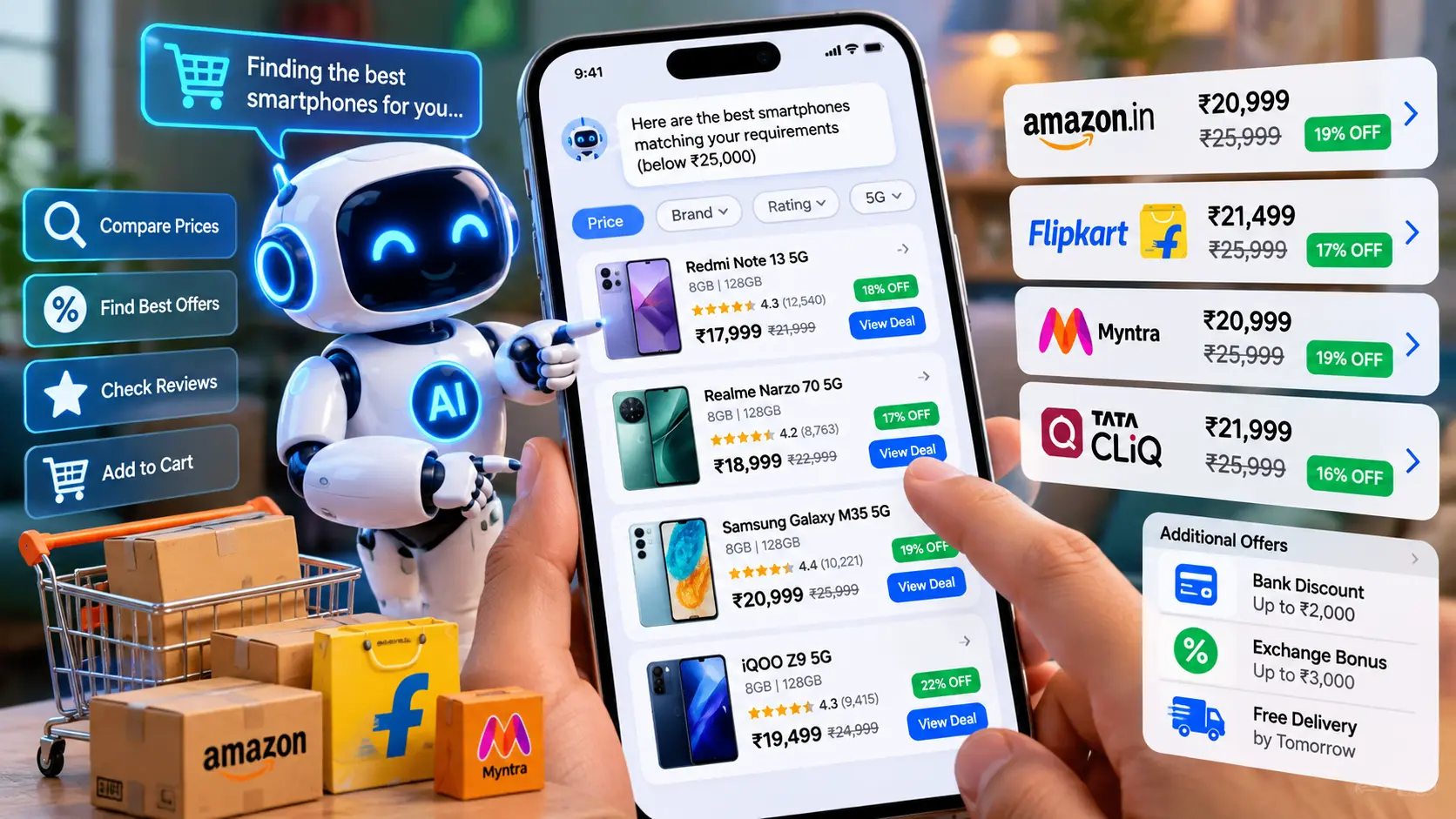 Illustration of an autonomous AI shopping agent comparing smartphone prices and discounts on a mobile screen for Indian e-commerce.