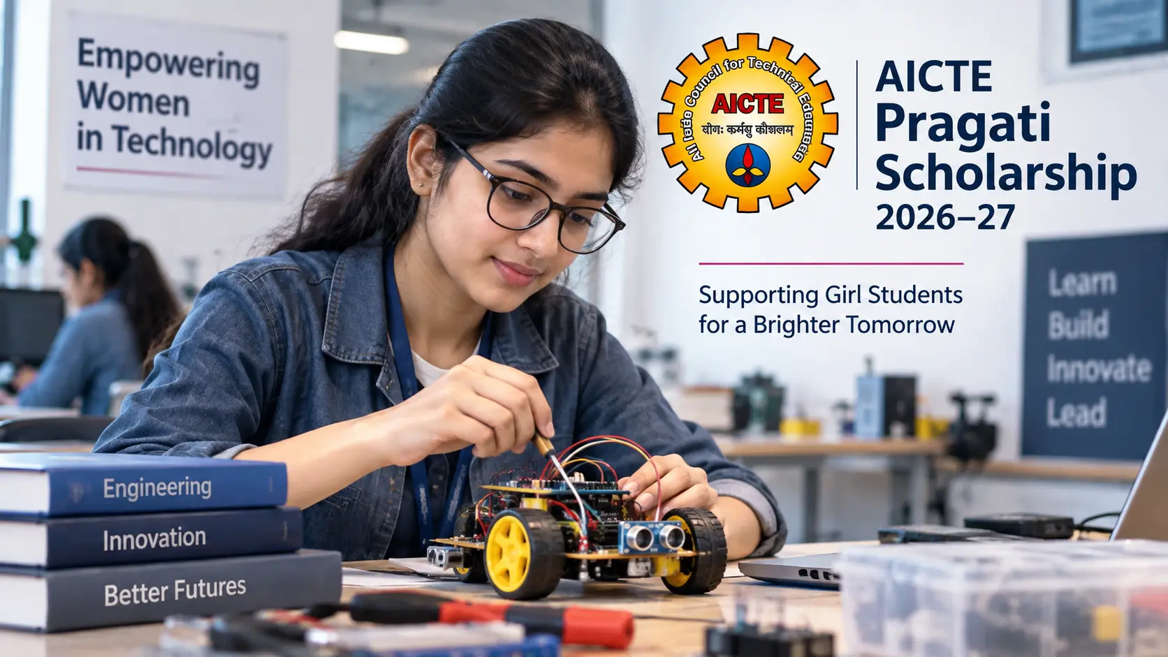 Female engineering student working on a laboratory project under AICTE Pragati Scholarship 2026–27