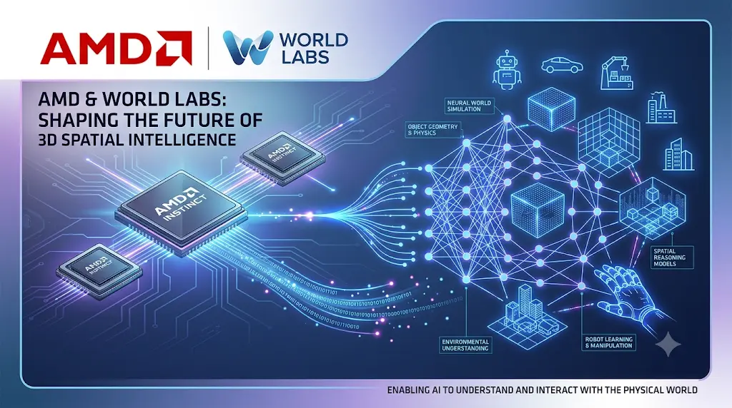 Infographic showing AMD logo alongside World Labs logo, depicting silicon microchips connected to 3D spatial intelligence neural network diagrams.