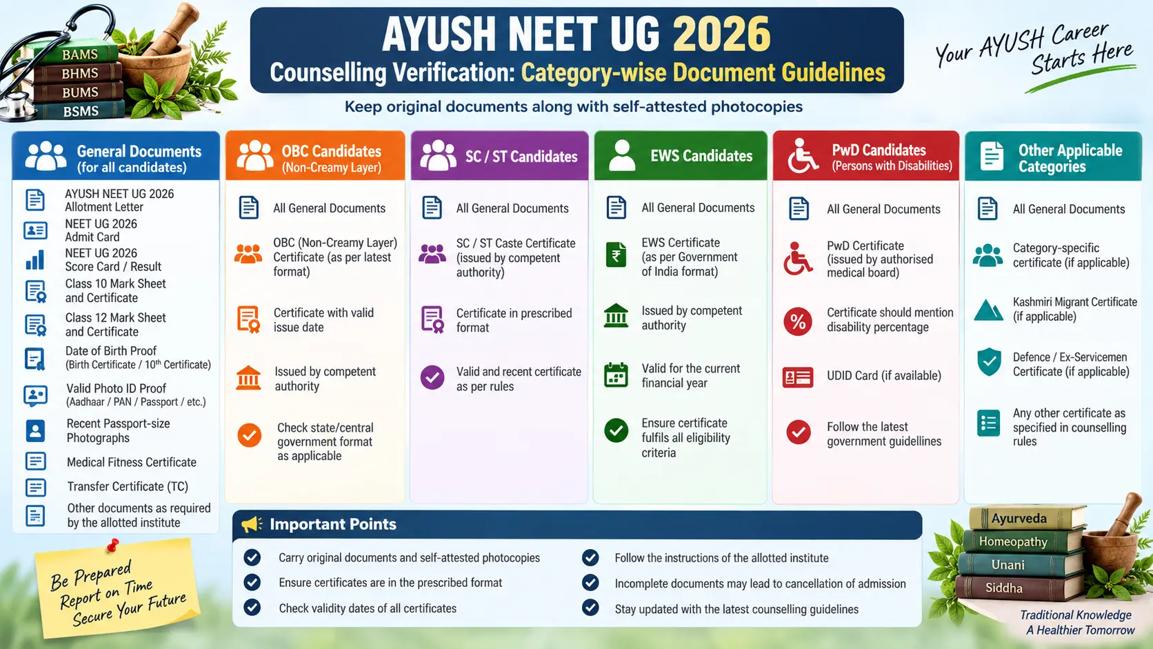 Infographic showing category-wise document guidelines for AYUSH NEET UG counselling verification.