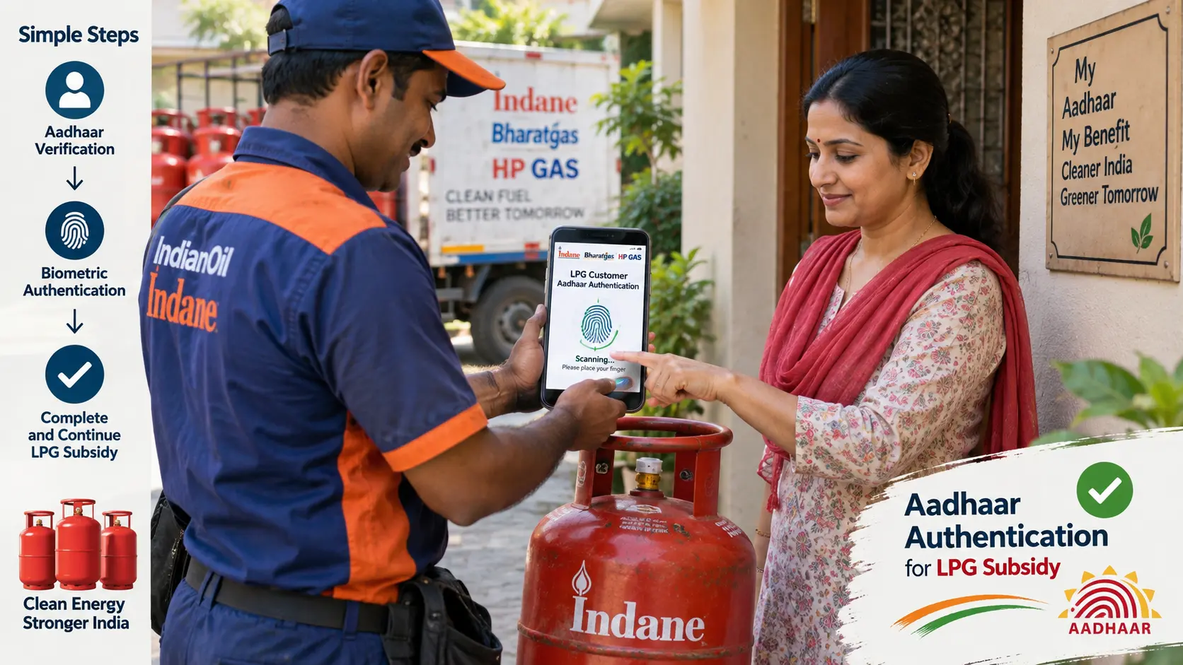 A domestic LPG gas cylinder being delivered to a consumer, illustrating the Aadhaar biometric authentication process via mobile app