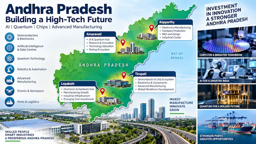 Map and infrastructure visualization highlighting Andhra Pradesh high-tech manufacturing nodes including Amaravati, Kopparthy, Tirupati, and Lepakshi.
