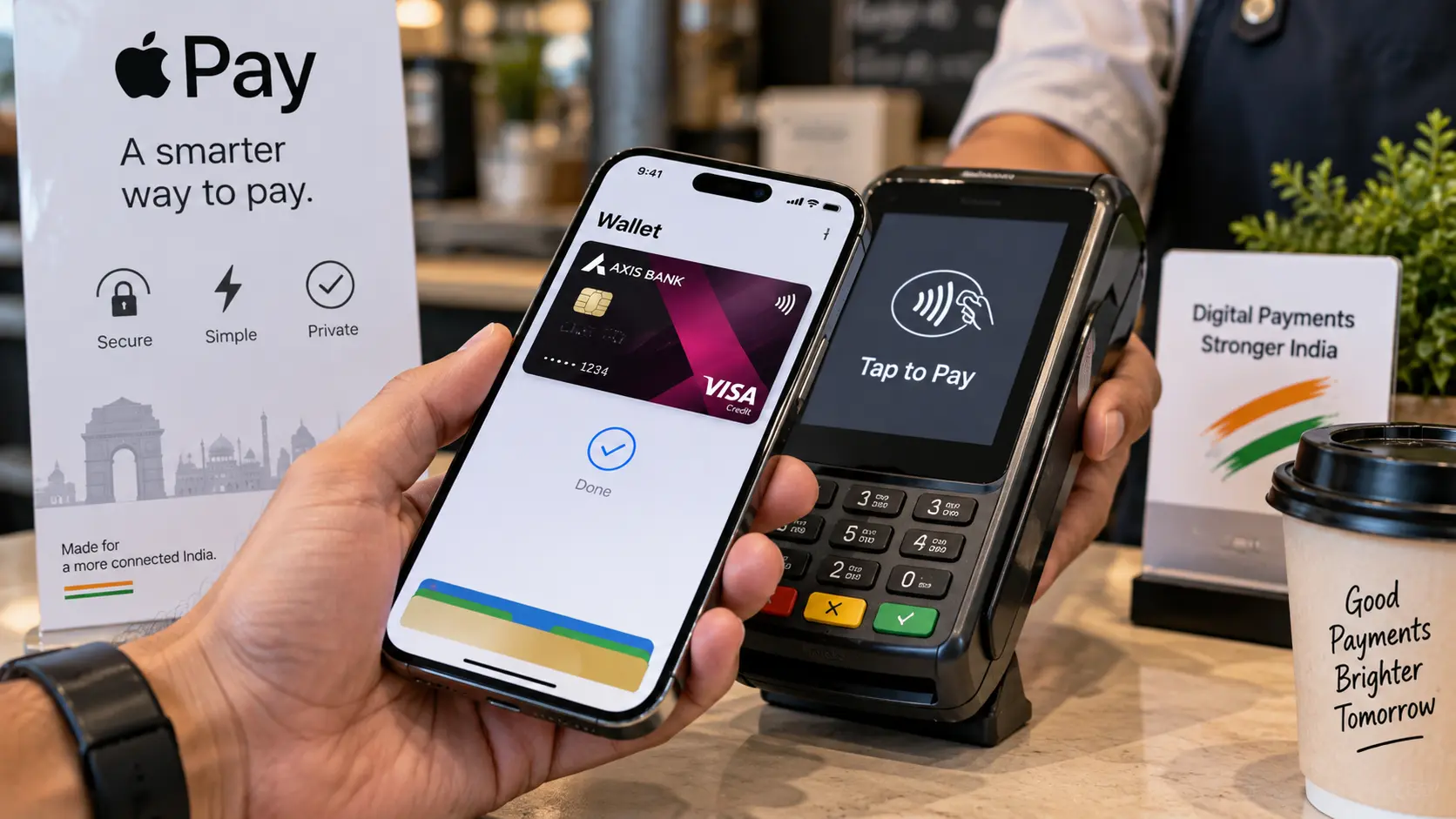 An iPhone displaying an Axis Bank credit card inside Apple Wallet being tapped against a contactless NFC payment terminal in India.