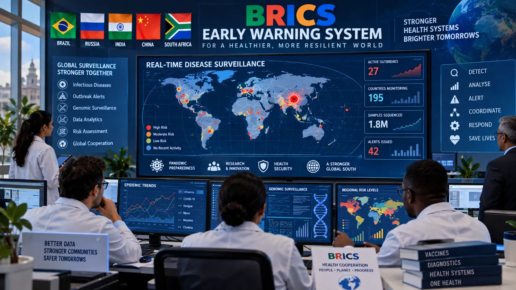 Public health officials and researchers monitoring real-time global epidemiological data on disease surveillance screens for the BRICS early warning system