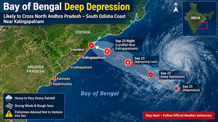 Map showing the trajectory of the Deep Depression in the Bay of Bengal heading toward Kalingapatnam.