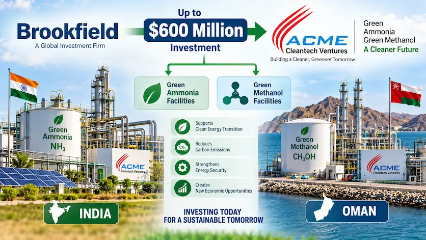Infographic showing Brookfield’s $600M investment flow into ACME Cleantech Ventures' green ammonia and methanol facilities in India and Oman.