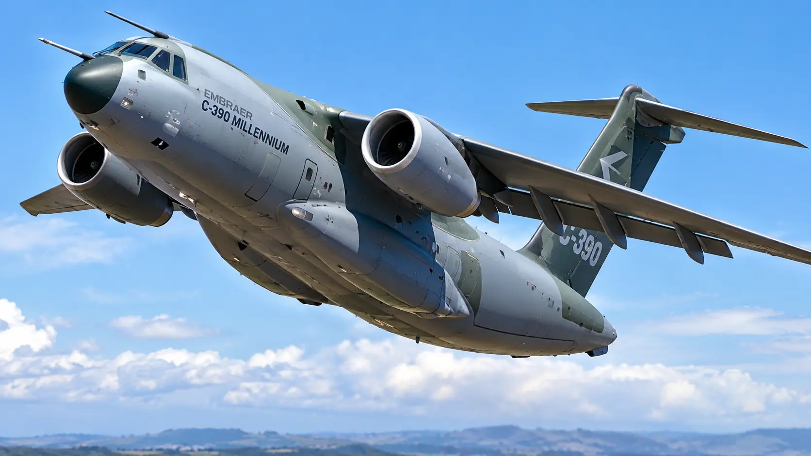 Embraer C-390 Millennium military transport aircraft performing a steep climb during flight demonstrations, highlighting its twin-engine jet layout.
