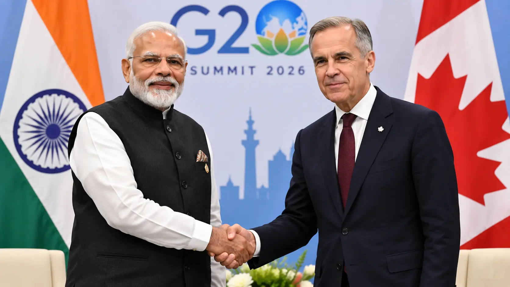 Indian Prime Minister Narendra Modi and Canadian Prime Minister Mark Carney shaking hands at an international diplomatic summit.
