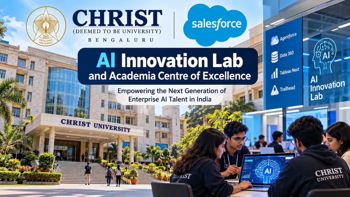 CHRIST University Bengaluru campus banner showcasing the launch of the new Salesforce AI Innovation Lab and Academia Centre of Excellence.