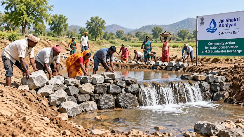 Local community members constructing a rainwater harvesting check dam for groundwater recharge under the Jal Shakti Abhiyan program in India.