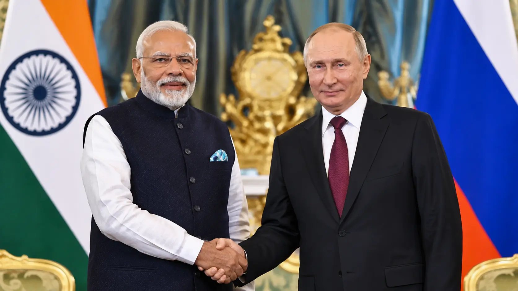 Prime Minister Narendra Modi of India and President Vladimir Putin of Russia shaking hands during the 22nd India–Russia Annual Summit in Moscow.