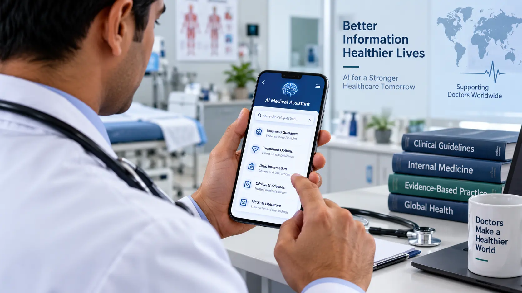 A physician in a clinical setting reviewing AI-powered diagnostic and treatment guidance on a smartphone.