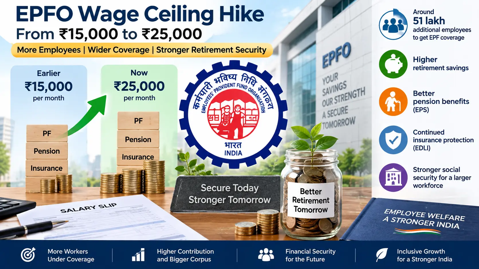 EPFO wage ceiling hike from 15000 to 25000 impact illustration