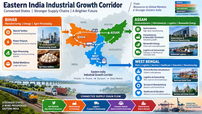 Flowchart illustrating the connected supply chain of the Eastern India Industrial Growth Corridor between Assam, West Bengal, and Bihar.