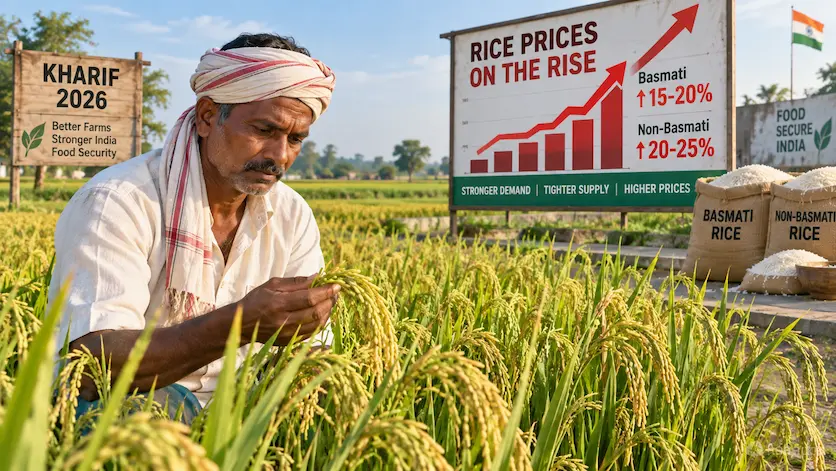 A farmer inspecting paddy fields in India during the 2026 Kharif season amid rising national rice prices.