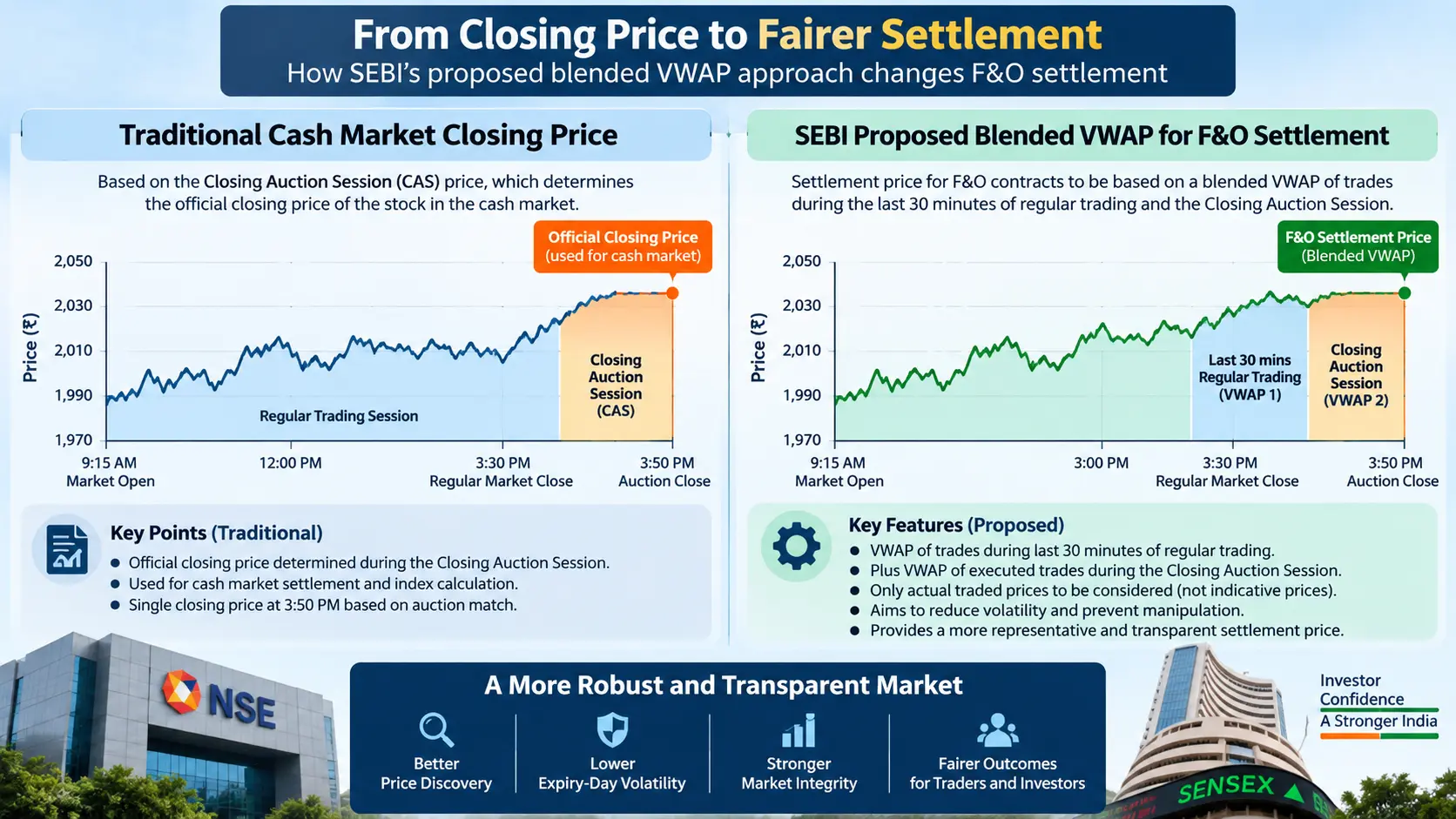 Diagram comparing traditional cash market closing prices with SEBI proposed blended VWAP settlement methodology for Indian F&O contracts.