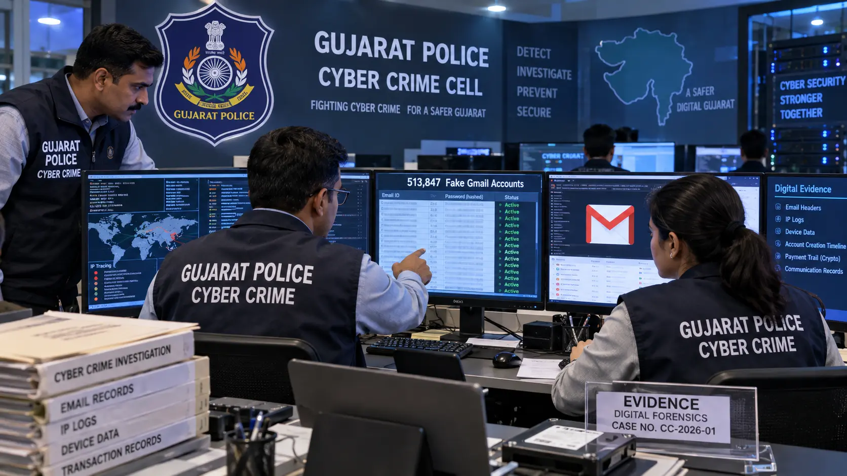 Gujarat Police cybercrime officials analyzing server data and digital evidence related to the fake Gmail account investigation.