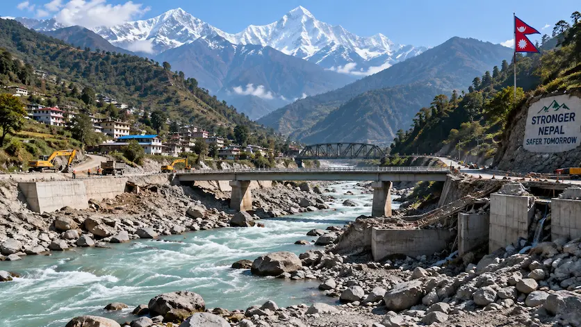Himalayan river basin landscape showing riverbed infrastructure, bridges, and mountain terrain in Nepal.