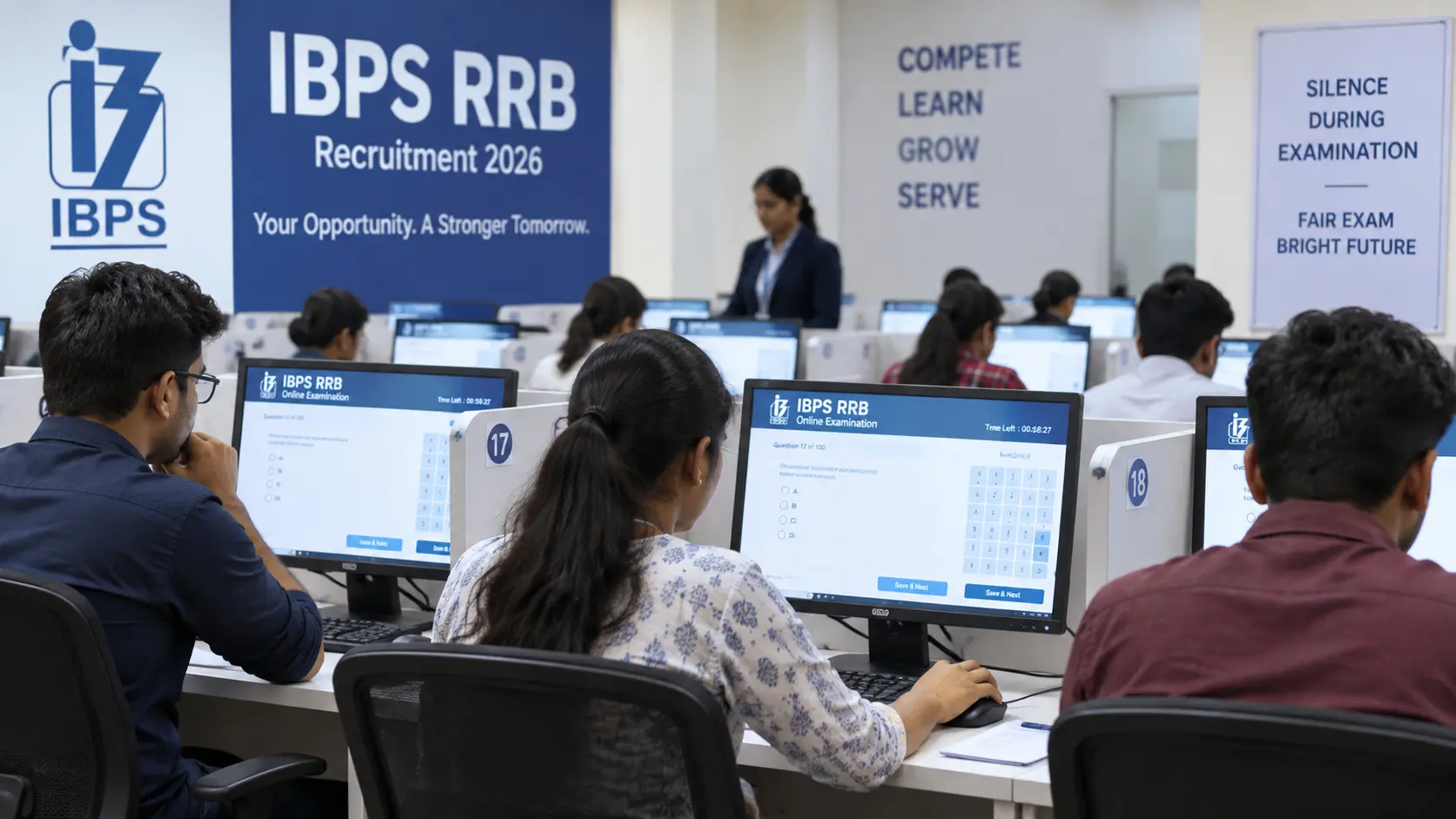 Candidates taking the IBPS RRB recruitment examination at an online computer testing center.