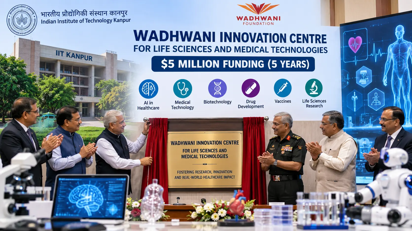 IIT Kanpur Wadhwani Innovation Centre for Life Sciences and Medical Technologies launched with $5 million funding for AI and MedTech research.