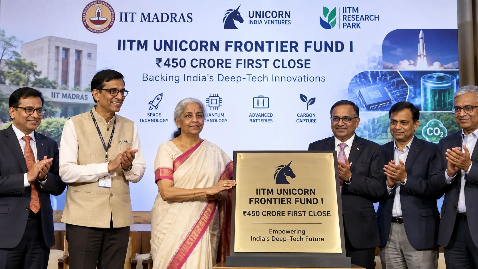 IIT Madras Director Prof. V. Kamakoti, Union Finance Minister Nirmala Sitharaman, and representatives from Unicorn India Ventures and IITM Research Park at the IITM Unicorn Frontier Fund launch ceremony.