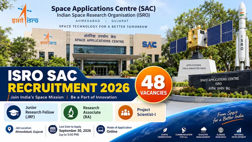 ISRO Space Applications Centre (SAC) Recruitment 2026 featuring 48 vacancies for Junior Research Fellow, Research Associate and Project Scientist-I posts in Ahmedabad, Gujarat.