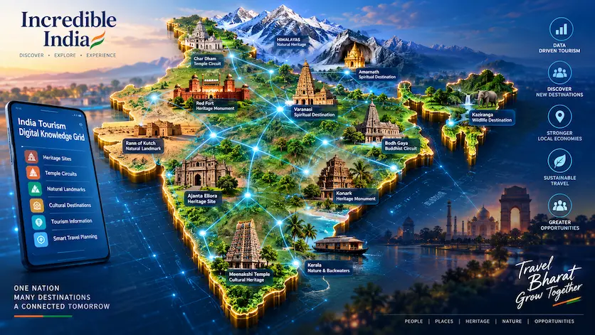 Illustration showing a digital 3D map of India connecting ancient heritage monuments, temple circuits, and natural landmarks through glowing data nodes.