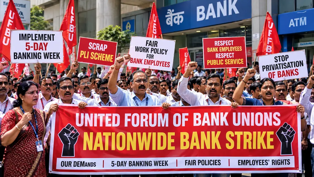 United Forum of Bank Unions employees holding protest banners and demonstrating during a nationwide bank strike in India.