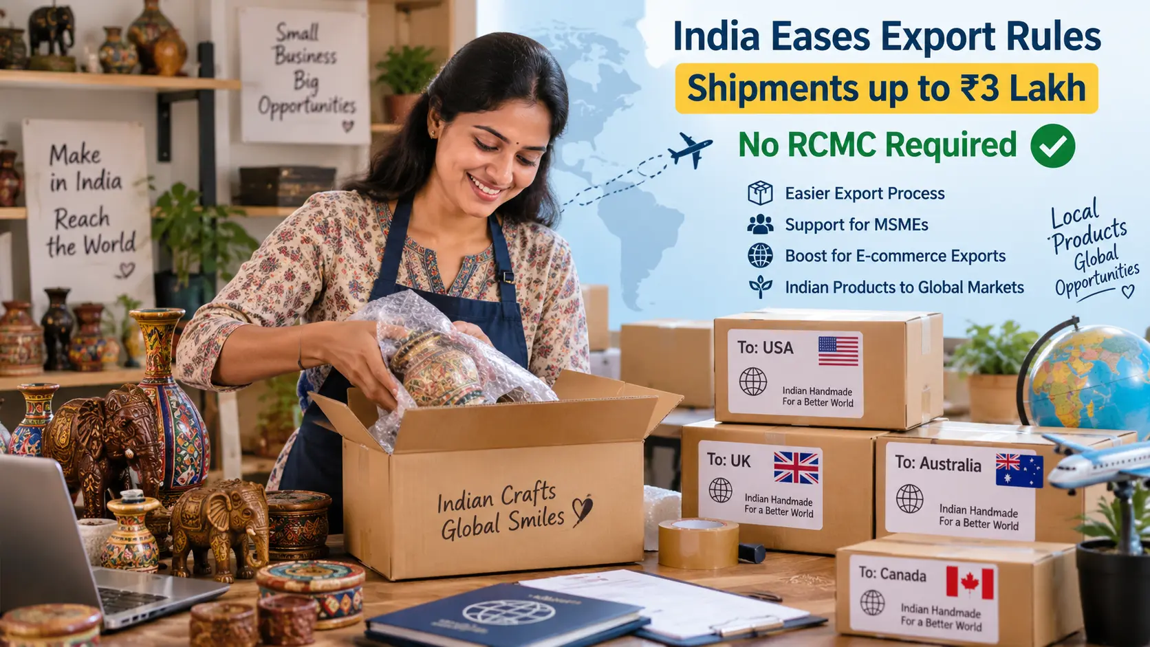 An Indian small business owner packing hand-crafted products into courier shipping boxes for international dispatch without requiring an RCMC certificate.