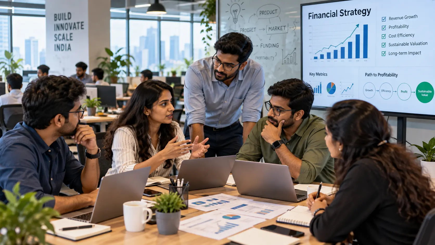 Indian startup employees in a modern open-plan office discussing financial strategy.