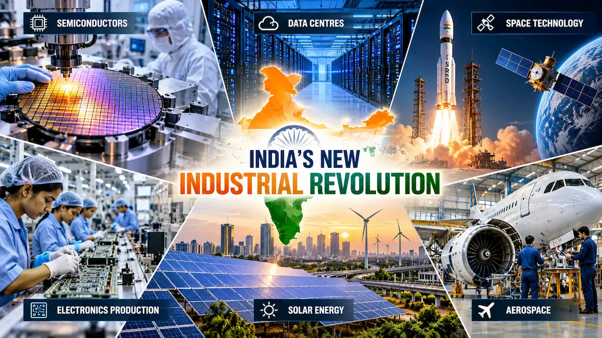 India’s new industrial revolution driven by semiconductor manufacturing, AI data centres, space technology, electronics production, solar energy and aerospace industries.