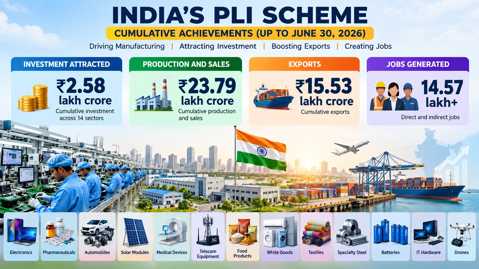 Labeled graphic showing cumulative achievements under India's PLI scheme up to June 30, 2026, including investments, sales, exports, and jobs generated.