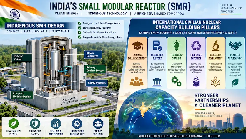 Diagram showing India's indigenous Small Modular Reactor (SMR) design and international civilian nuclear capacity building pillars.