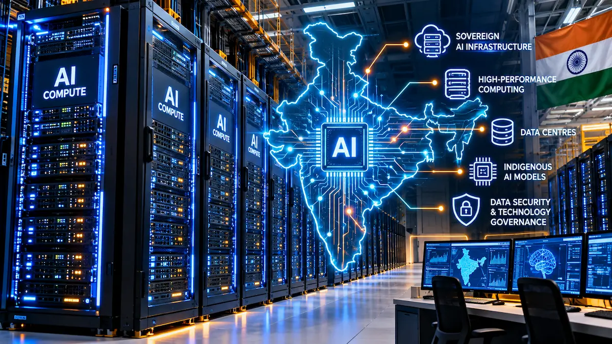 High-density AI data centre server racks with illuminated circuit overlays highlighting India's sovereign computing infrastructure.