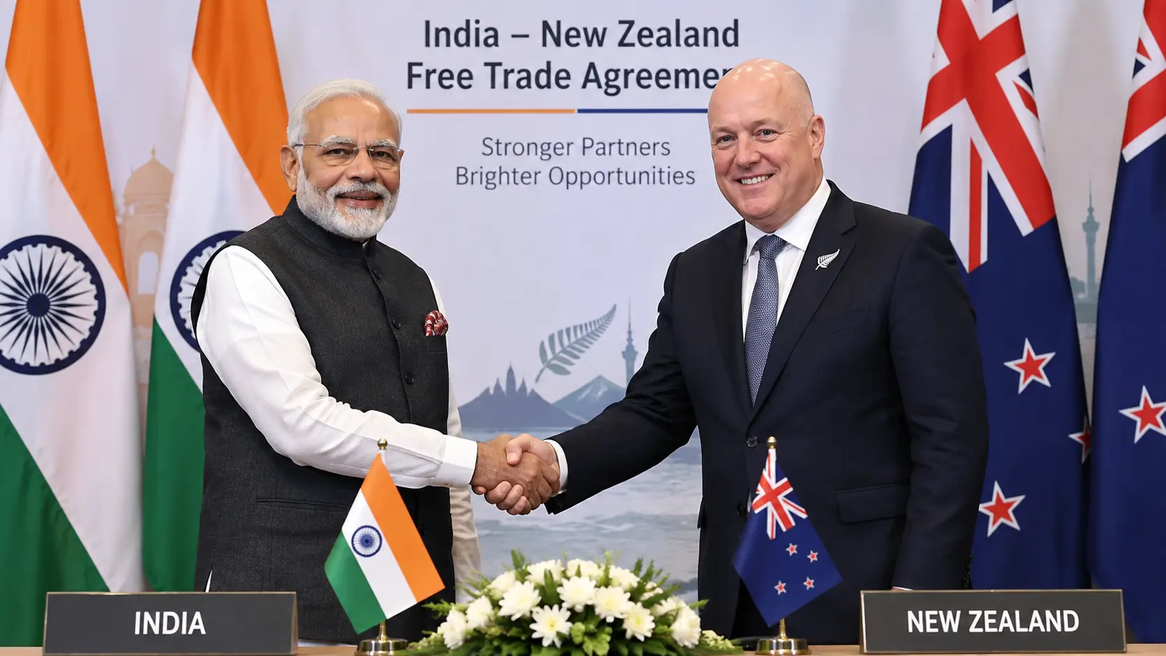 Prime Ministers of India and New Zealand shaking hands to celebrate the approval of the bilateral Free Trade Agreement.