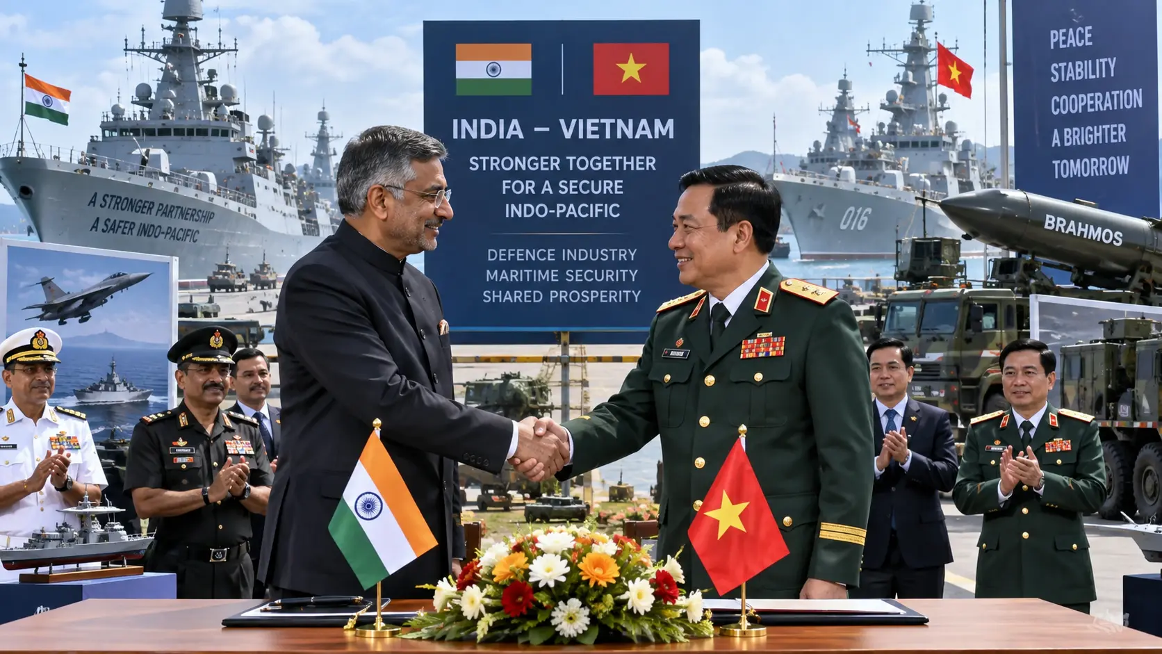 Indian and Vietnamese defence officials shaking hands in front of naval ships and defense equipment during high-level strategic bilateral meetings.