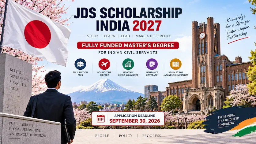 JDS Scholarship India 2027 banner featuring the Japanese flag, iconic Japanese university architecture, and a call-out for fully funded Master's degrees for Indian civil servants.