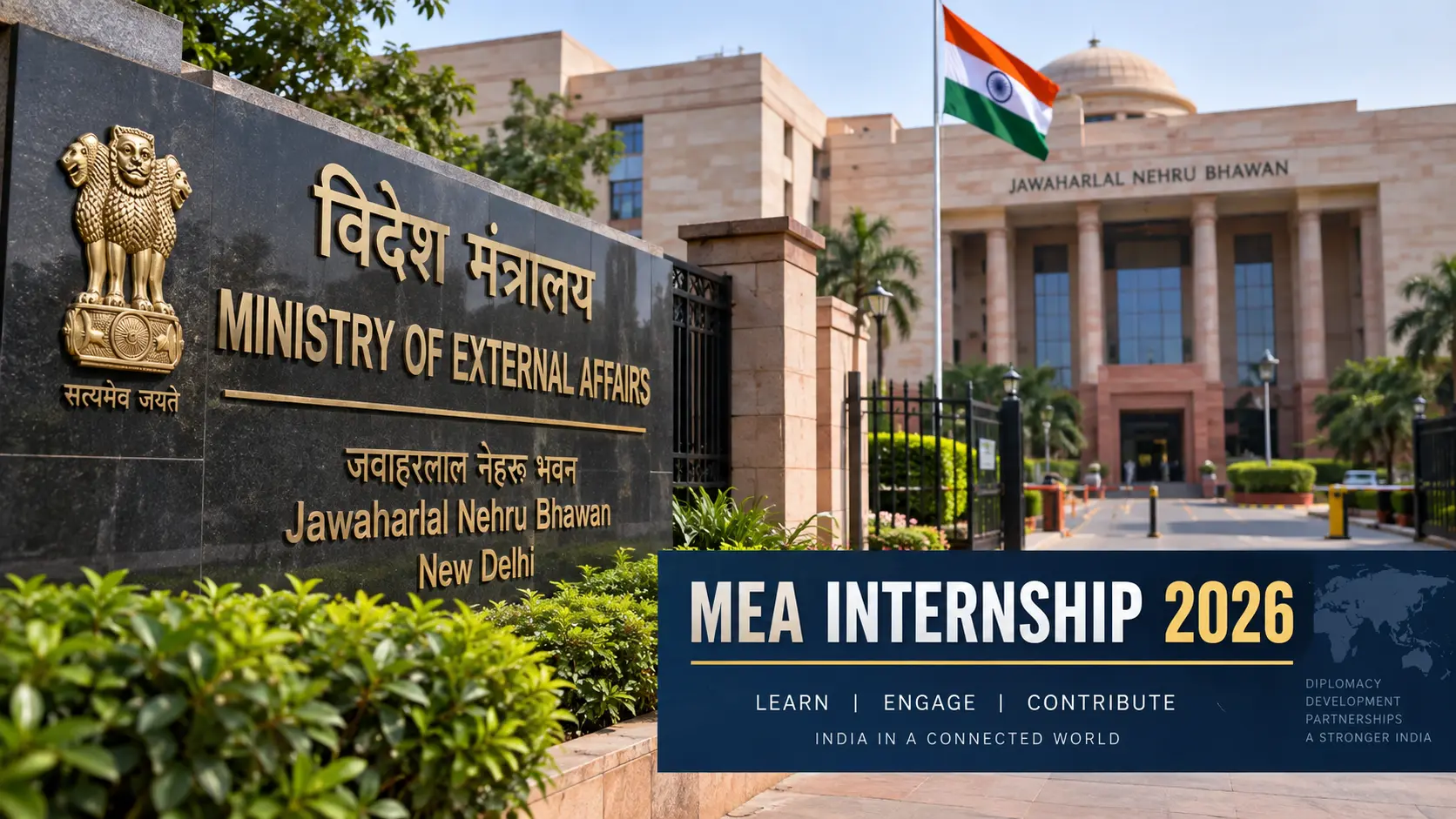 Ministry of External Affairs building signage at Jawaharlal Nehru Bhawan, New Delhi for MEA Internship 2026.