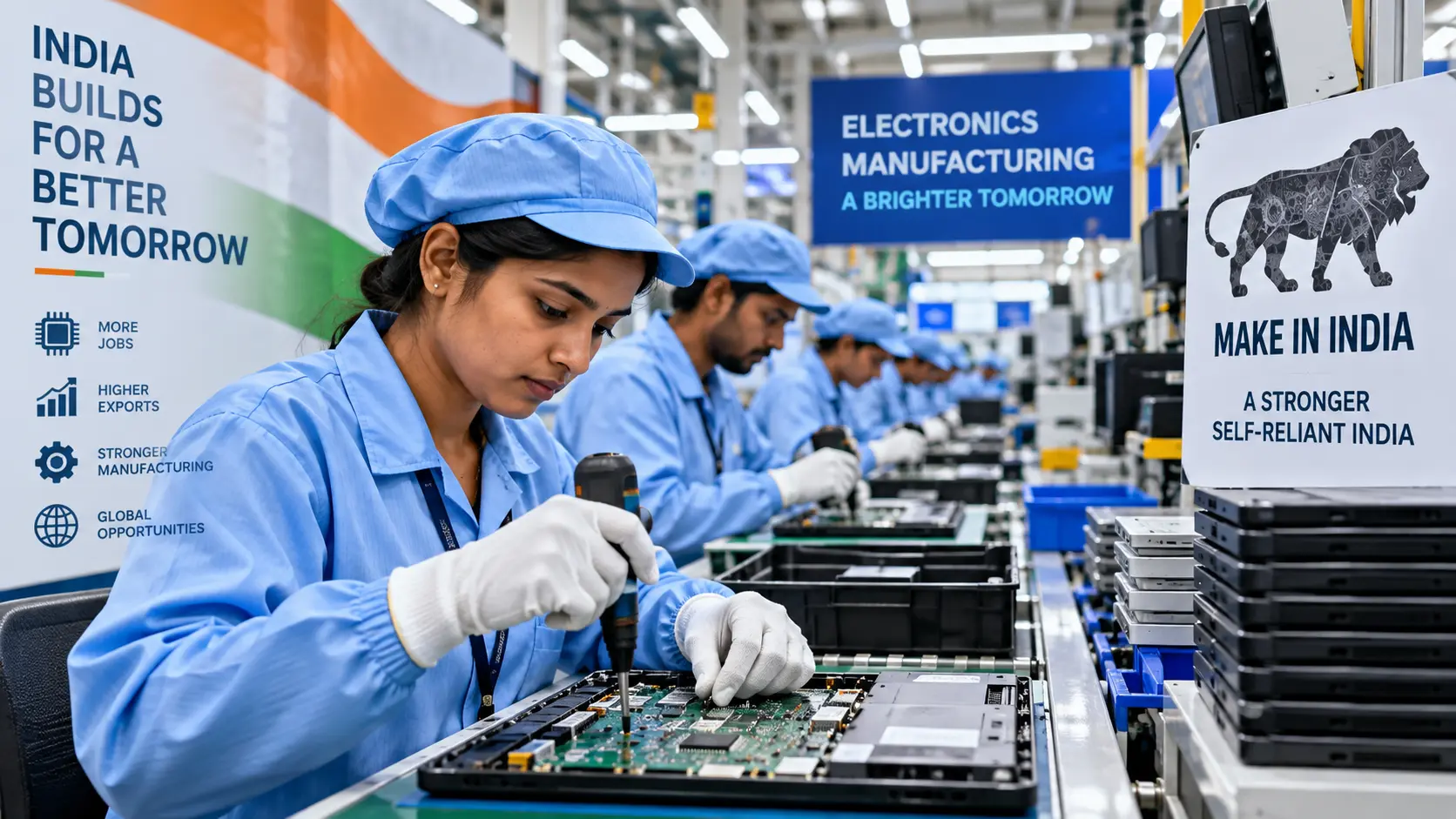 Industrial worker assembly line highlighting electronics manufacturing growth in India.