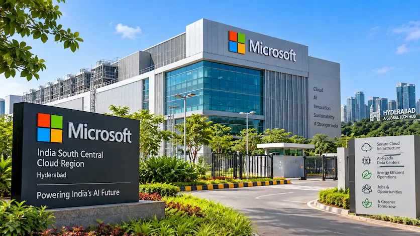 Modern Microsoft datacenter facility exterior in Hyderabad featuring energy-efficient architectural design and green surroundings under a clear blue sky.