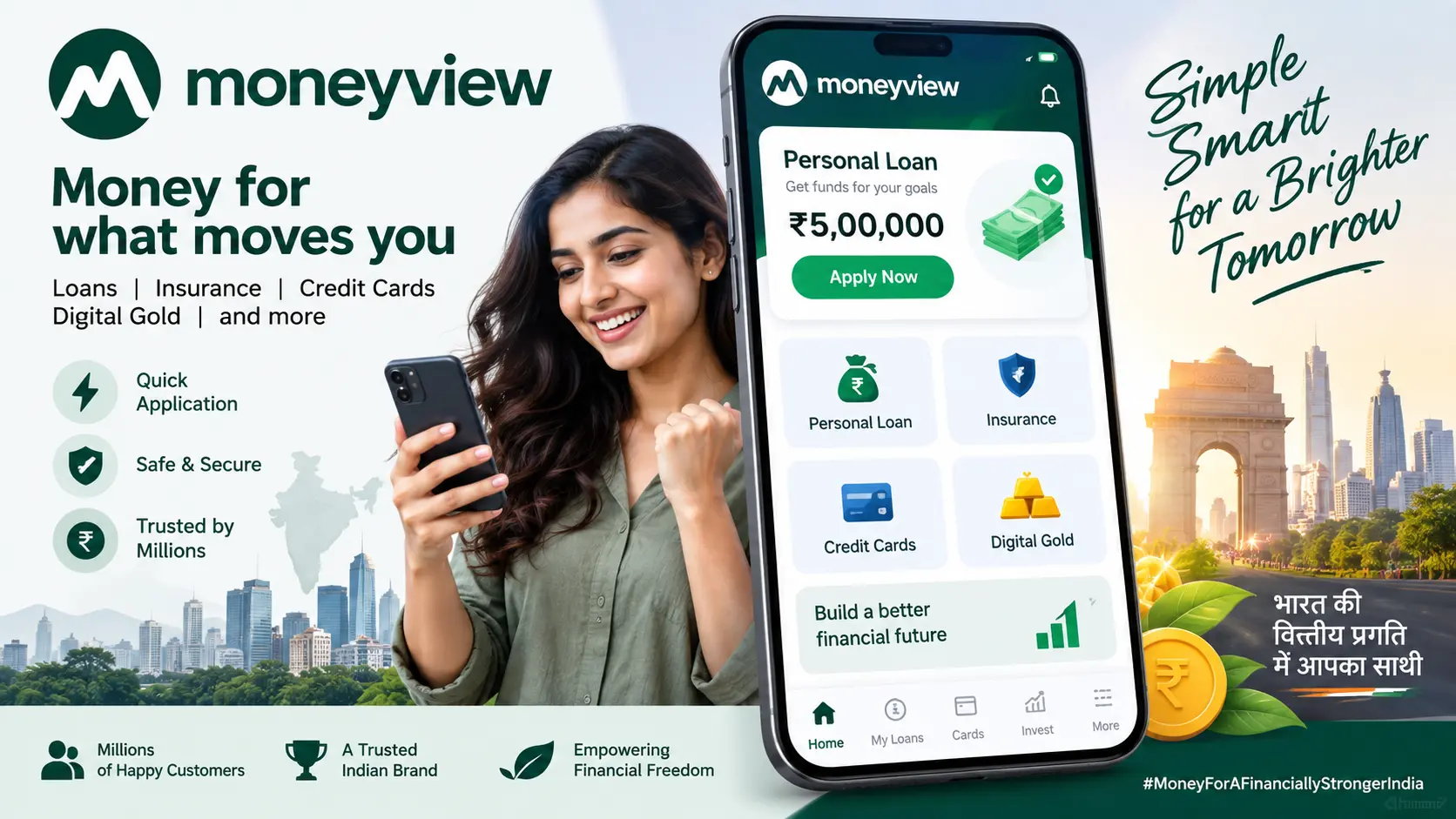 Moneyview digital financial services app UI showcasing personal loan and digital finance solutions in India.