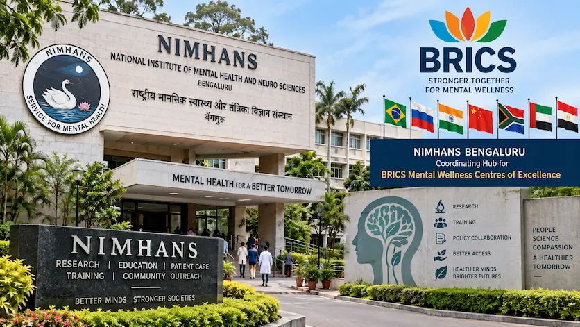 NIMHANS Bengaluru main building facility campus serving as the coordinating hub for BRICS Mental Wellness Centres of Excellence.