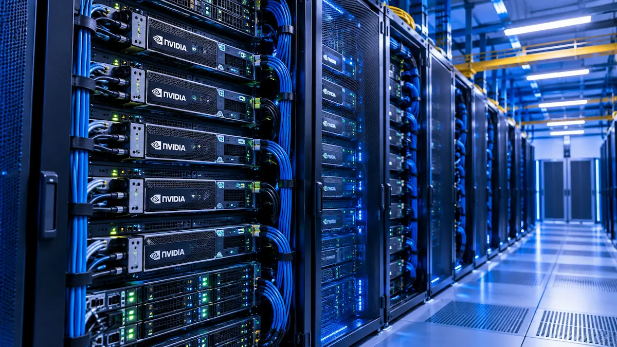 Modern high-density GPU server racks in a data center optimized for enterprise AI and machine learning workloads.