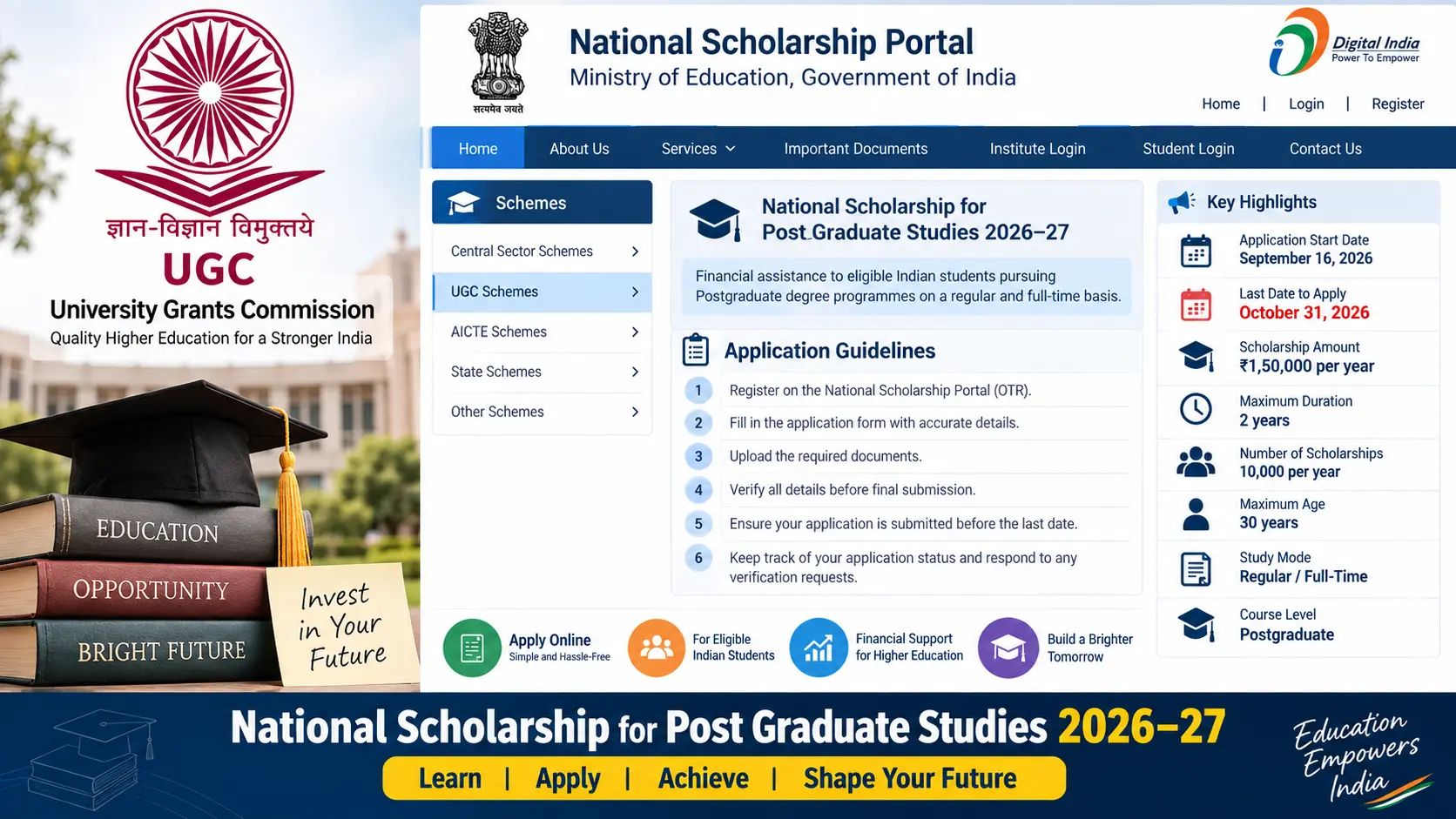 UGC logo and National Scholarship Portal interface showing application guidelines for Post Graduate Studies 2026–27.
