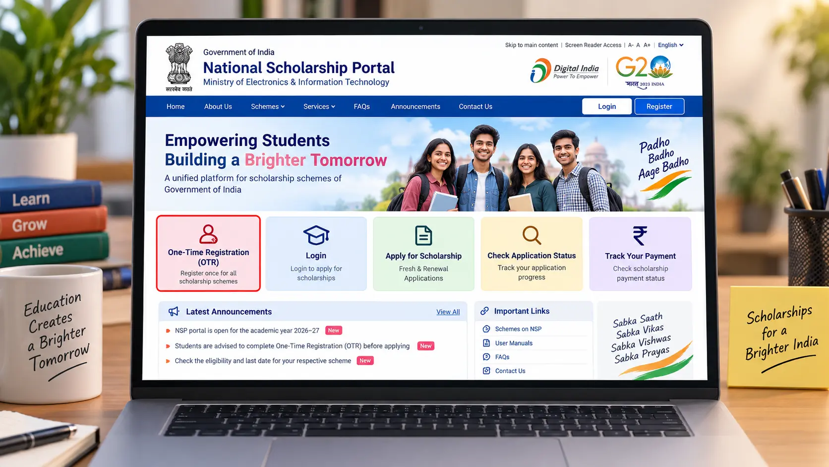 National Scholarship Portal homepage on a laptop screen showing OTR registration option
