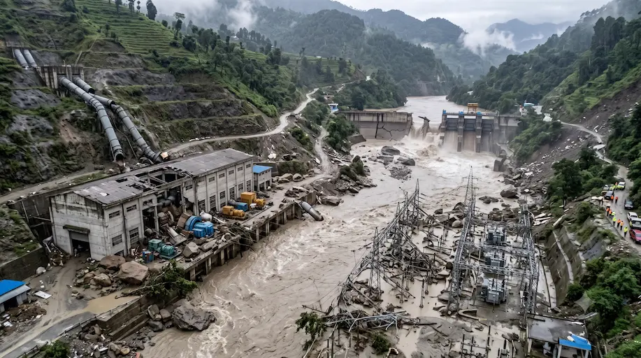 High angle view of damaged hydropower generation plant affected by monsoon floods in Nepal.