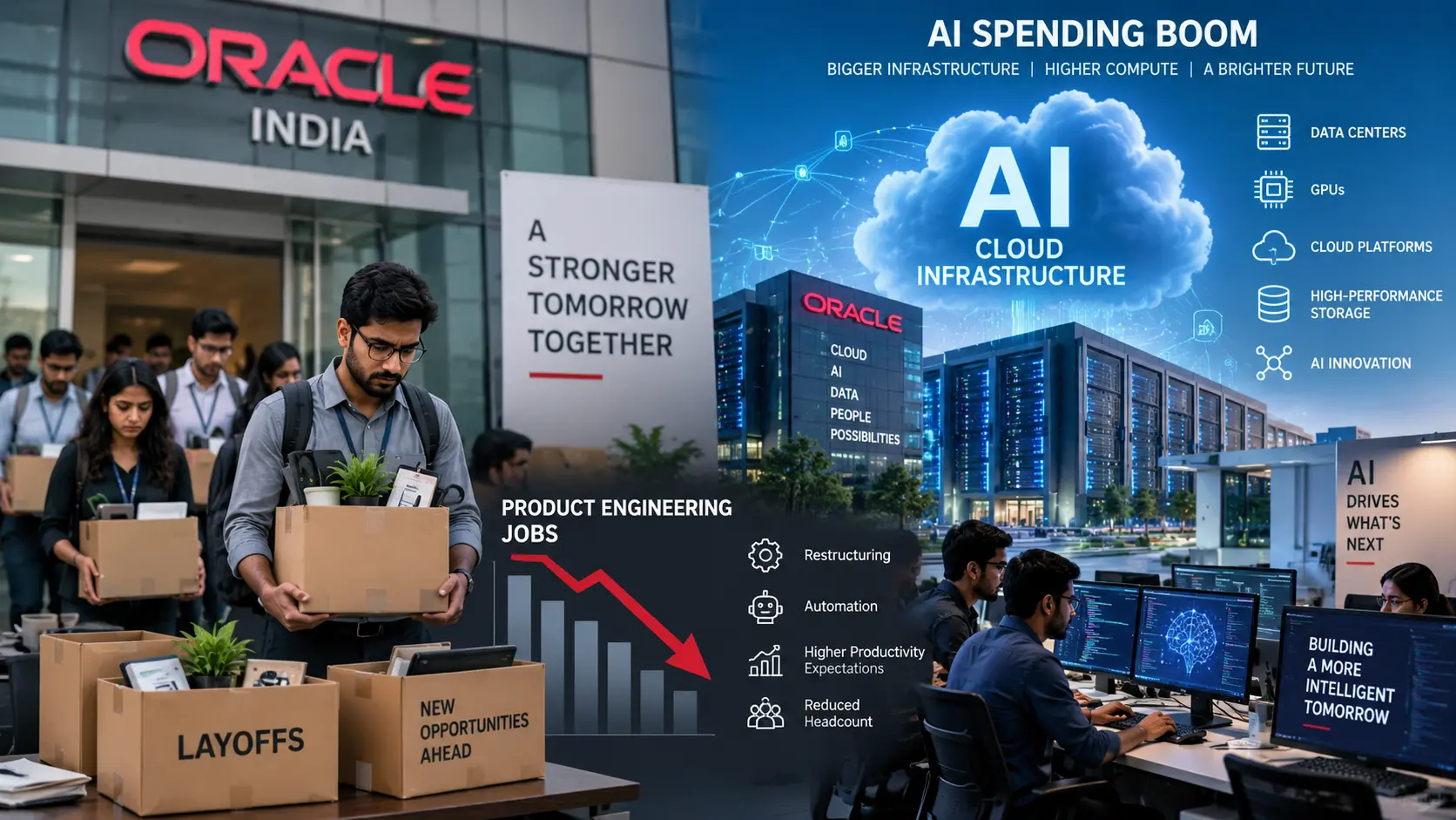 Oracle India layoffs amid the AI boom, showing software engineers, AI cloud infrastructure, data centers, and a declining product engineering workforce.