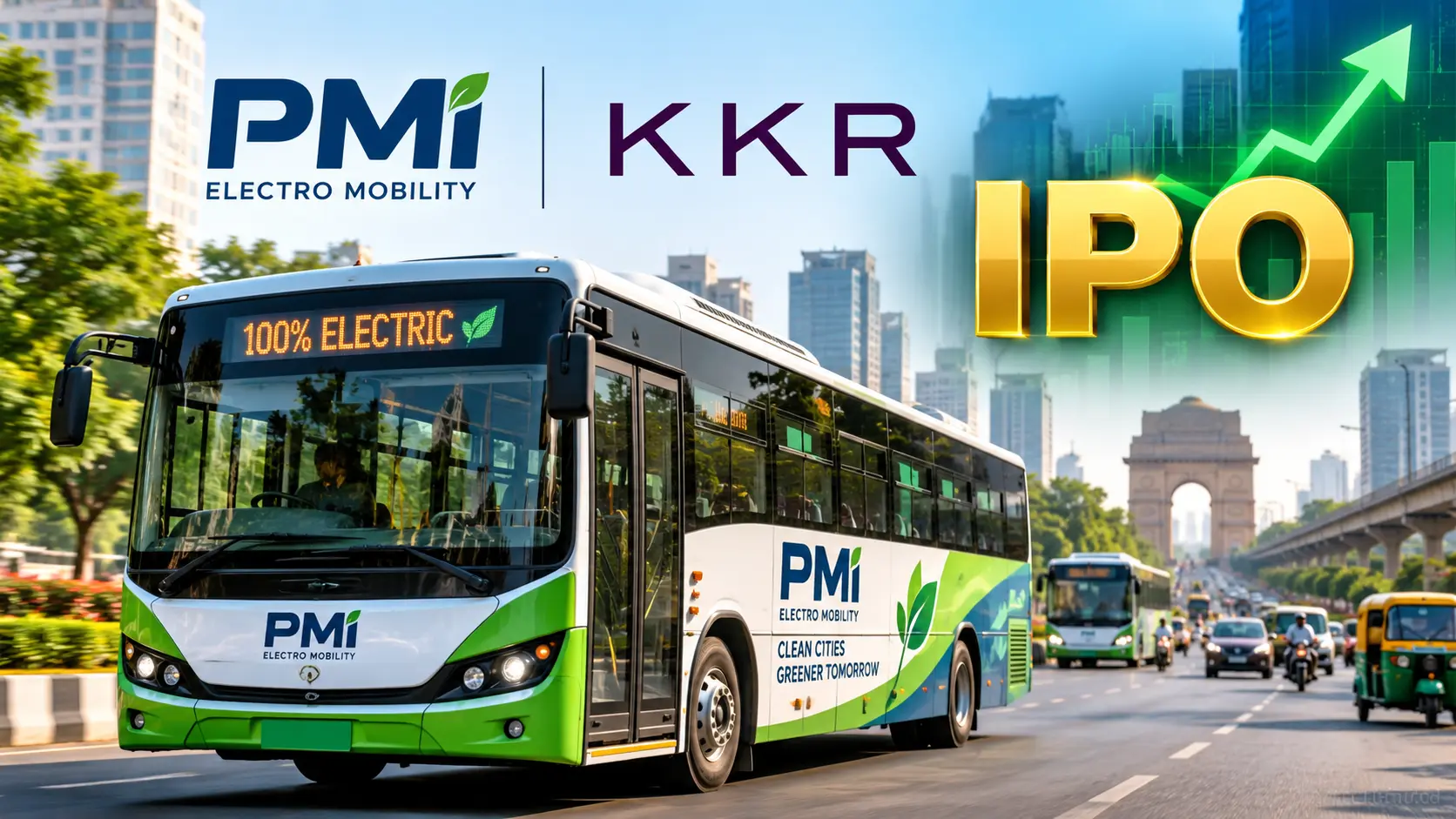 PMI Electro Mobility electric bus operating on an Indian city road with KKR logo and IPO text overlay